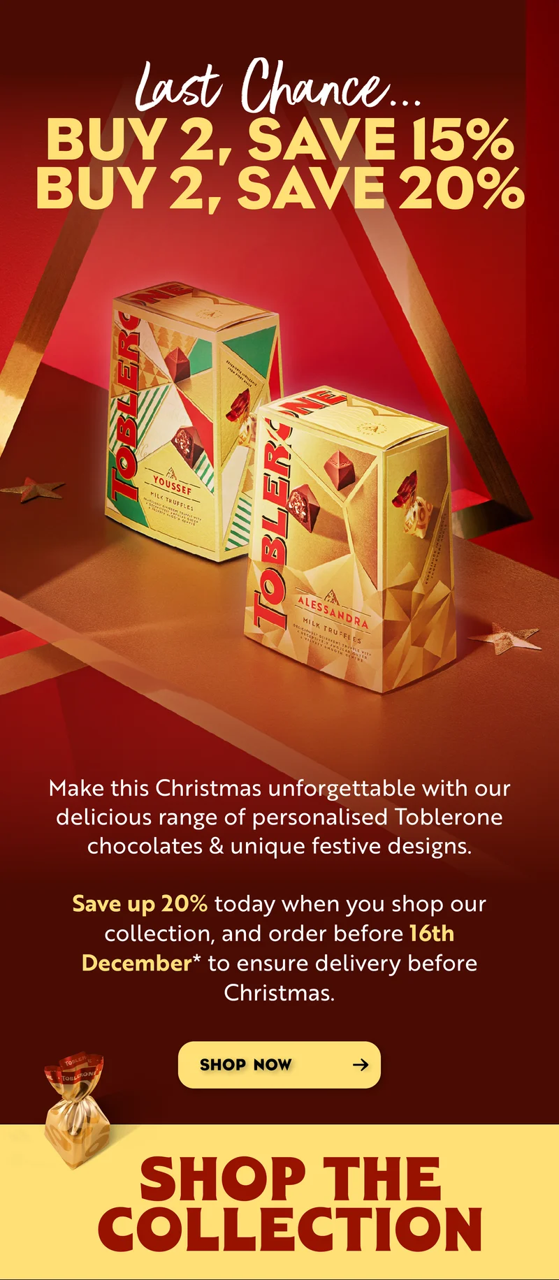 Buy 2, save 15%. Buy 3, save 20%! Wondering what to gift this year?  We've got the answer.  Shop our range of personalised Christmas gifts and make this festive season unforgettable.  Plus, you can save up to 20%!