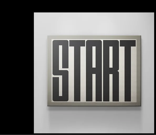 Modern framed canvas artwork featuring the word “START” in tall, bold black condensed letters on a beige background, hung on a light grey wall. Modern framed canvas artwork featuring the word “START” in tall, bold black condensed letters on a beige background, hung on a light grey wall.