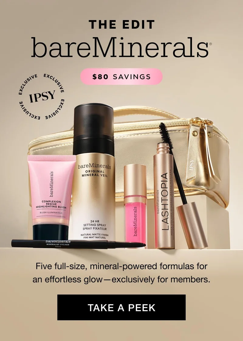 THE EDIT - BARE MINERALS - $80 SAVINGS - Five full-size, mineral-powered formulas for an effortless glow—exclusively for members. TAKE A PEEK