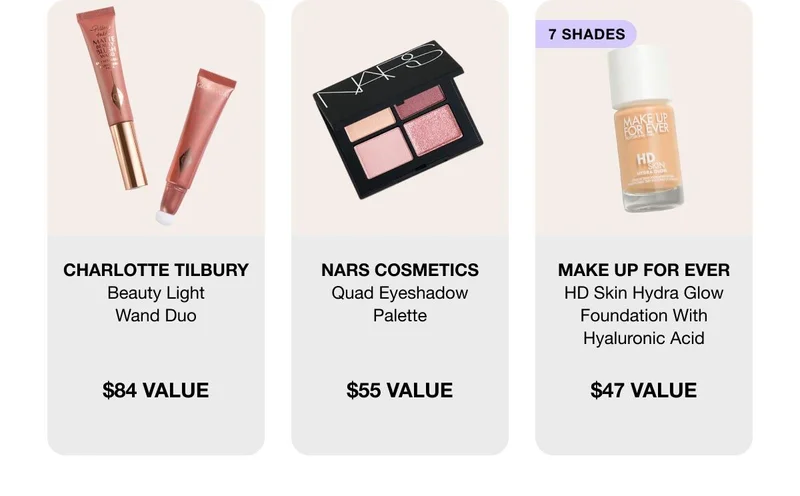 CHARLOTTE TILBURY - Beauty Light Wand Duo $84 Value | NARS COSMETICS - Quad Eyeshadow Palette $55 Value | MAKE UP FOR EVER - HD Skin Hydra Glow Foundation With Hyaluronic Acid $47 Value