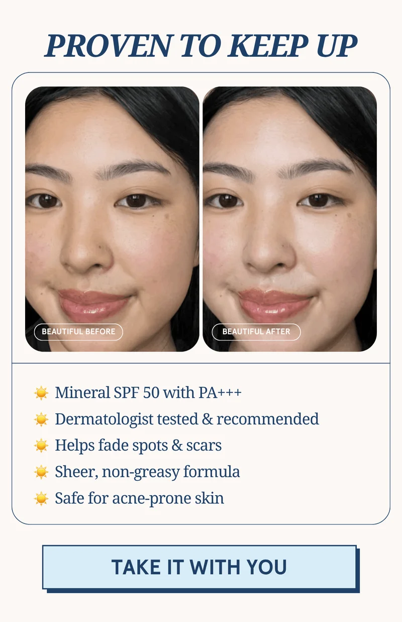 Proven to keep up: Mineral SPF 50 with PA+++ | Dermatologist tested & recommended | Helps fade spots & scars | Sheer, non-greasy formula | Safe for acne-prone skin [TAKE IT WITH YOU]
