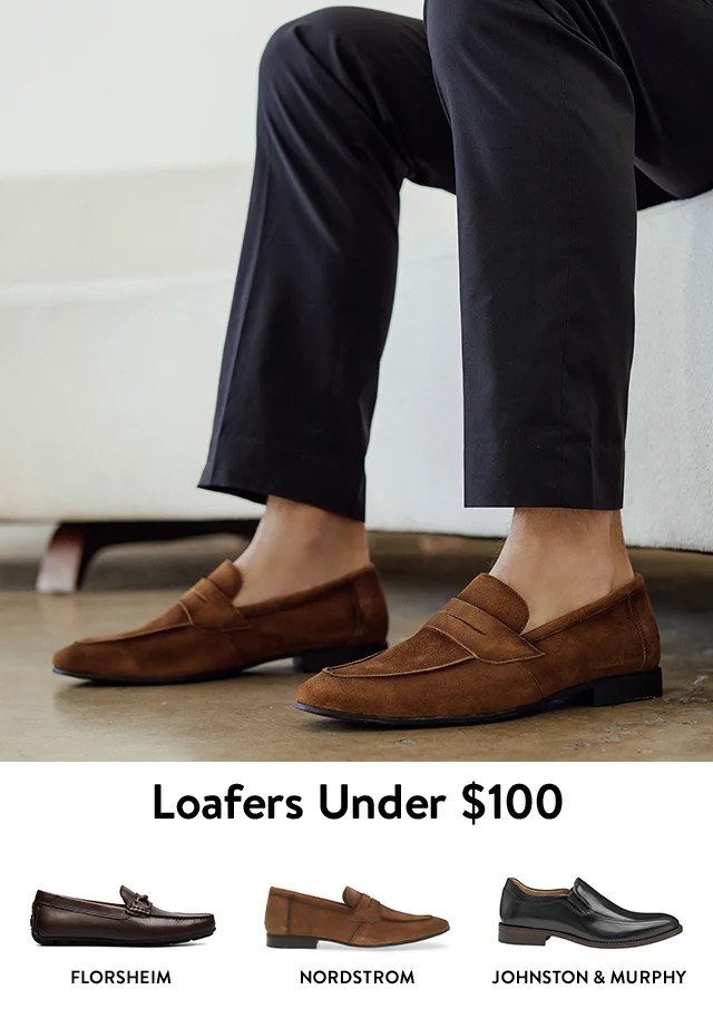 Man wearing suede loafers. Florsheim loafers. Nordstrom loafers. Johnston & Murphy loafers.