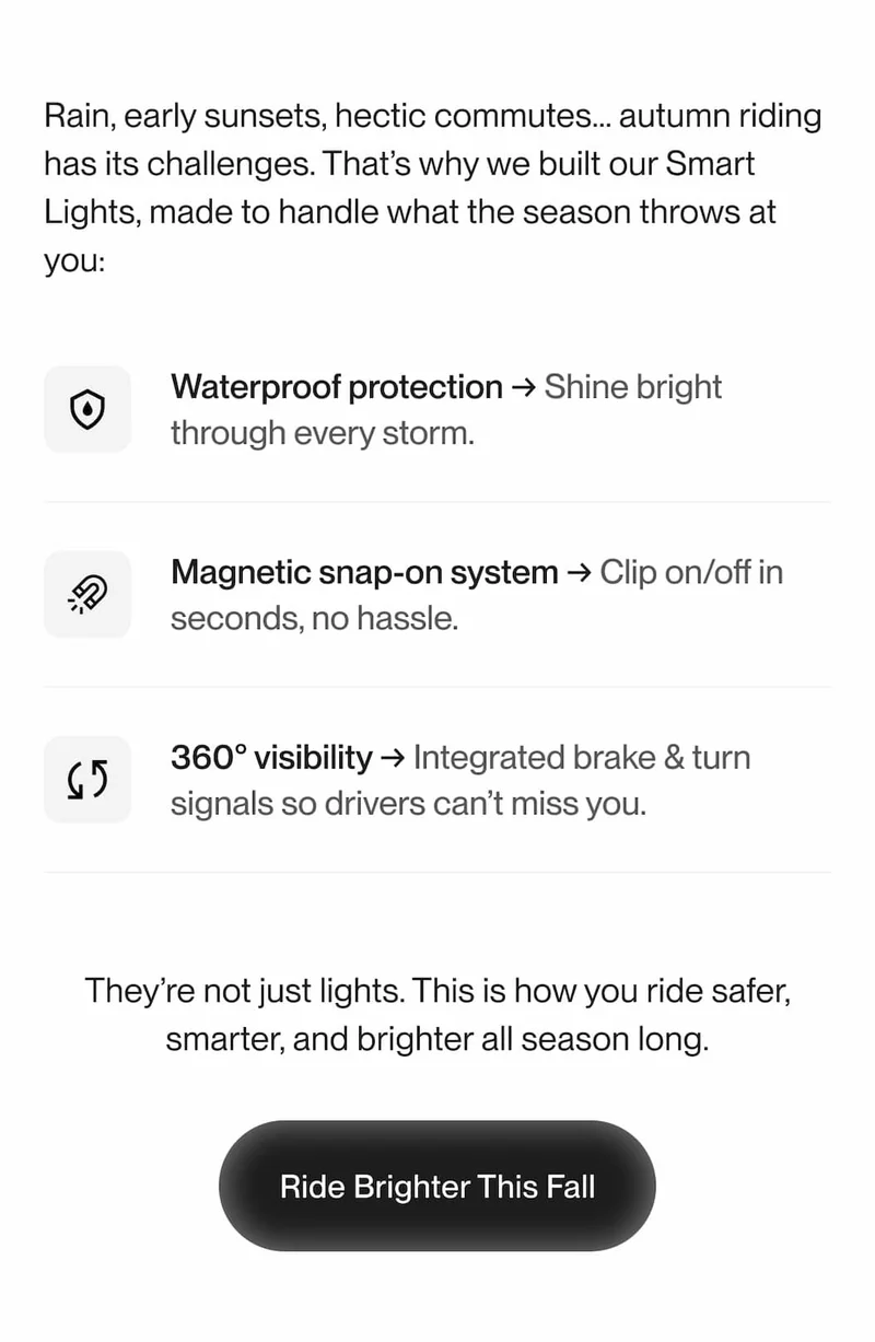 UNIT 1 Smart Lights features: waterproof protection, magnetic snap-on system, and 360° visibility with brake and turn signals.