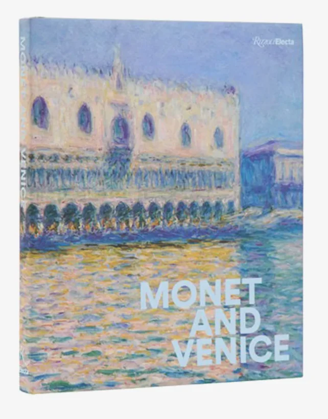 Book cover with an Impressionist painting and text overlay that reads "Monet and Venice"