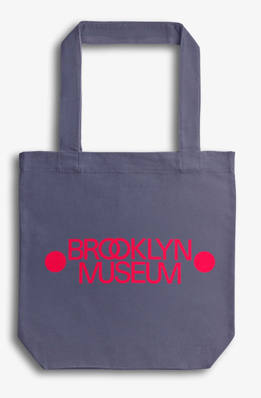 A gray-blue bag with red text reading "Brooklyn Museum"