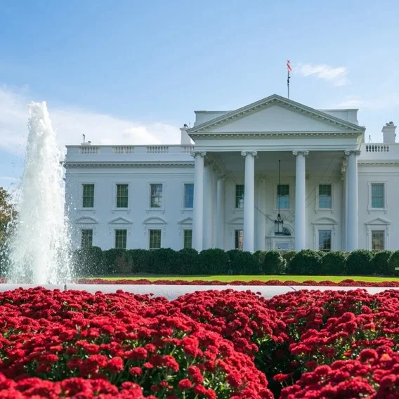 Photograph of the U.S. White House with a rose garden in front of it.