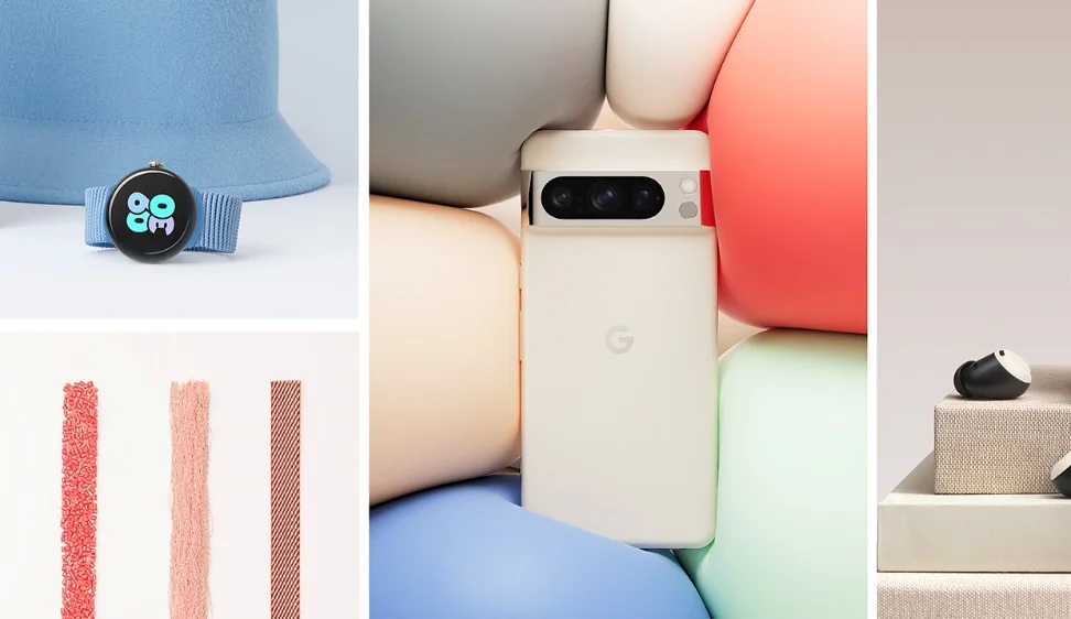 A collage of Pixel devices sitting next to or against various colorful objects.