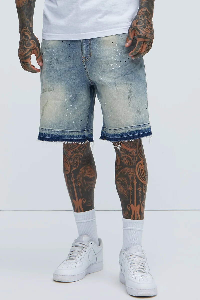 Image of Splatter Skate Relaxed Denim Shorts - Medium Wash