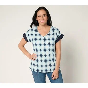 AnyBody Cozy Knit Shibori Basic Tee with Woven Sleeve Detail