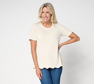 Denim &Co. 100% Cotton Short Sleeve Embroidered Hem Top