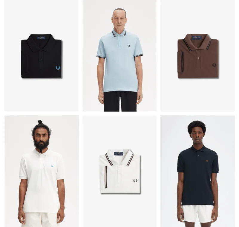 Collage of varied mensFred Perry polo shirt products