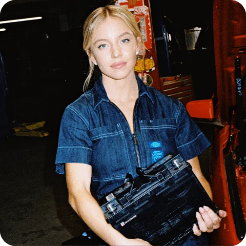 Sydney Sweeney wearing Ford x Sydney Sweeney coveralls