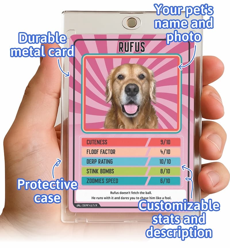 An annotated image of a trading card: Durable metal card. Your pet's name and photo. Customizable stats and description
