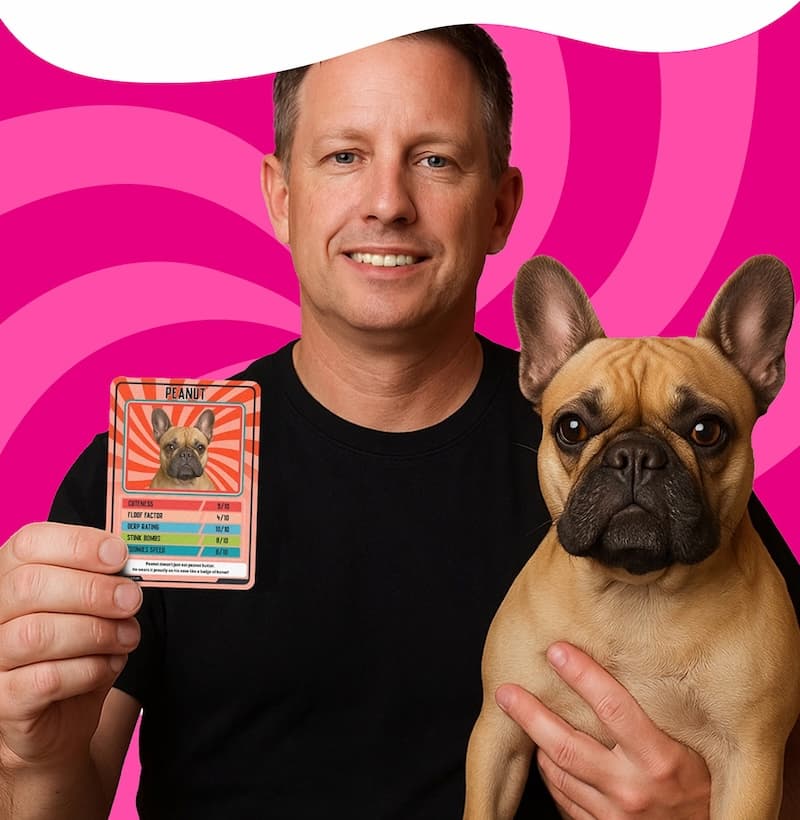 Man holding his Frenchie and the matching Dog Trump Trading Card