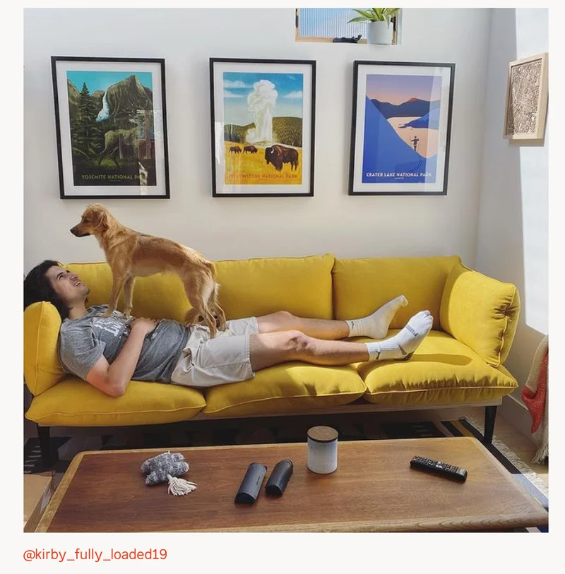 A photo of a guy and his dog on the Floyd sofa