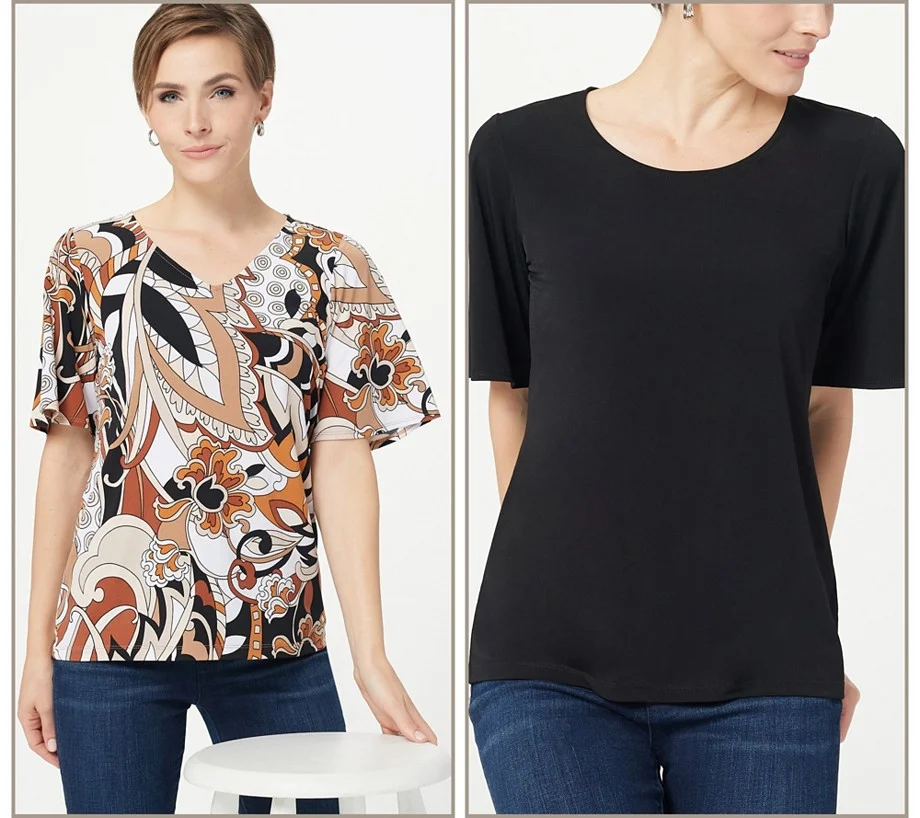 Susan Graver Set of Two Print & Solid Liquid Knit Tops