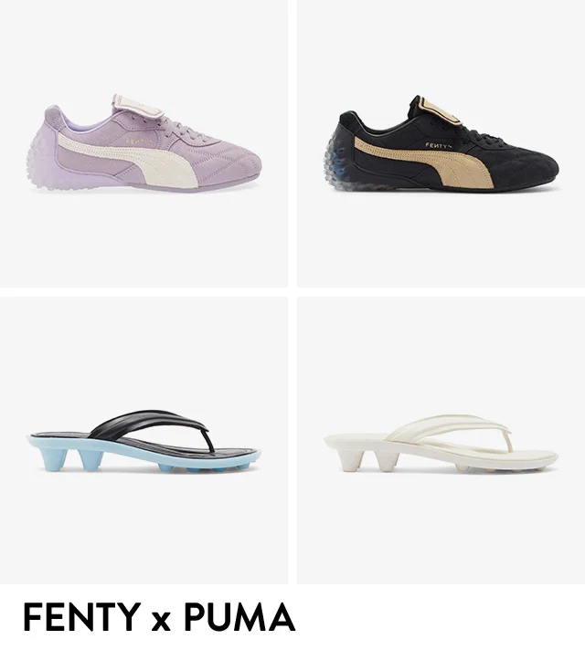Purple and black sneakers. White and black sandals.