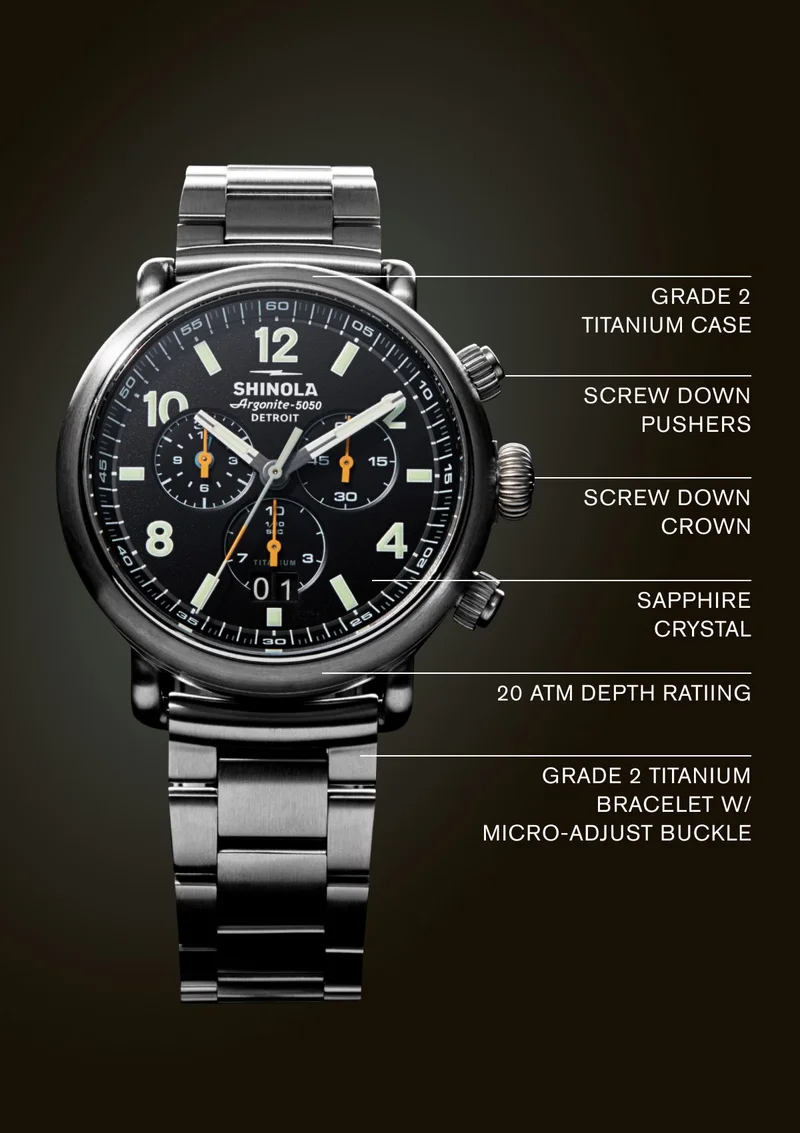 Grade 2 Titanium, Screw Down Pusgers, Screw Down Crown, Sapphire Crystal, 20 ATM Depth Rating, Grade 2 Titanium Bracelet W/Micro-Adjust Buckle