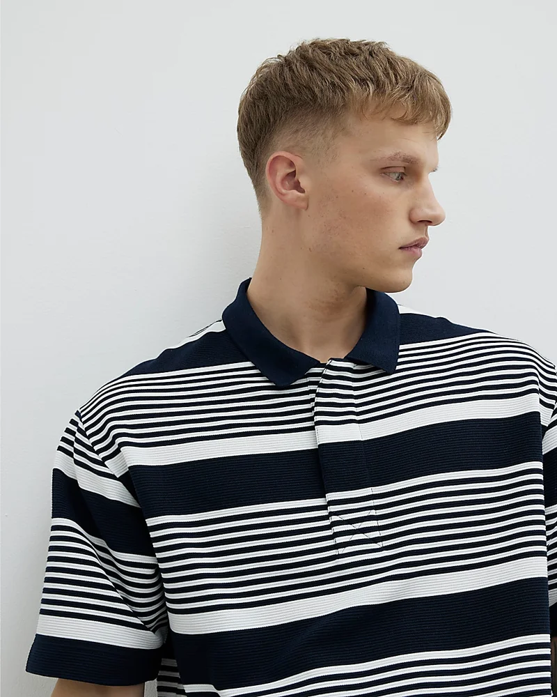 Mens Navy Boxy Fit Stripe Short Sleeve Polo Shirt