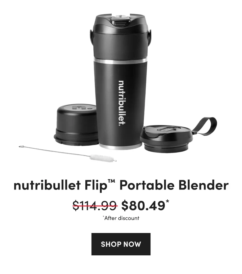 nutribullet Flip Portable Blender shown with lid and charging accessories