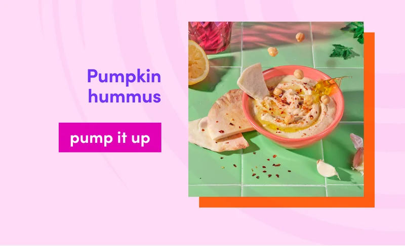 Pumpkin hummus dip with pita bread chips. pump it up