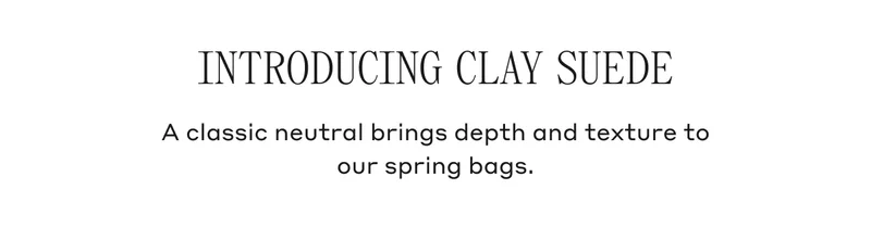 INTRODUCING CLAY SUEDE A classic neutral brings depth and texture to our spring bags.