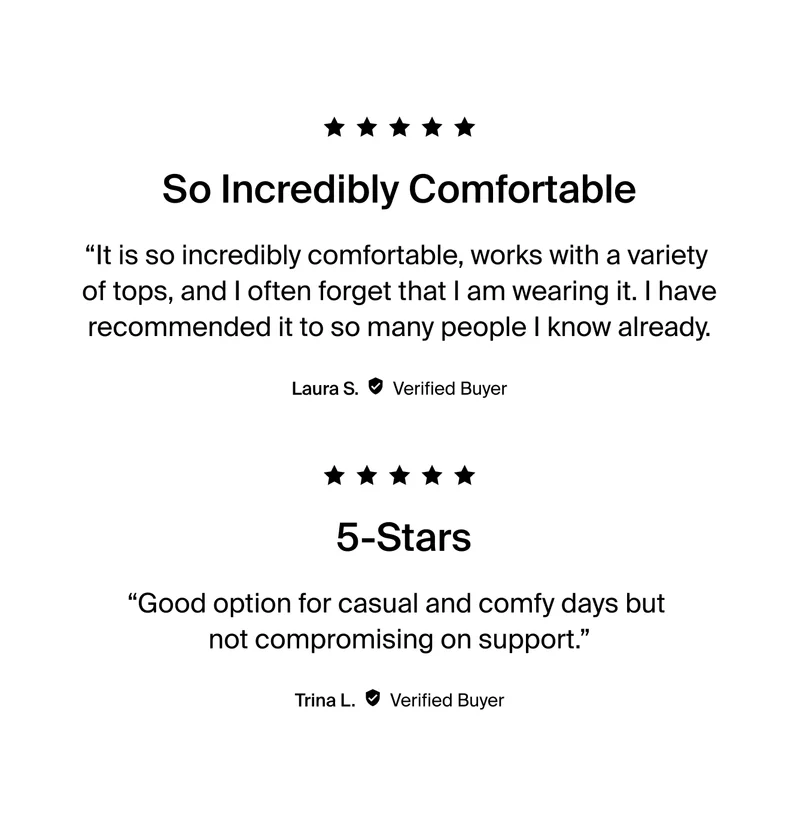 “It is so incredibly comfortable, works with a variety of tops, and I often forget that I am wearing it. I have recommended it to so many people I know already.” - Laura S. Verified Buyer   “Good support, and keeps “everything” in place!” - Charlene I. Verified Buyer   “Good option for casual and comfy days but not compromising on support.” - Trina L. Verified Buyer.