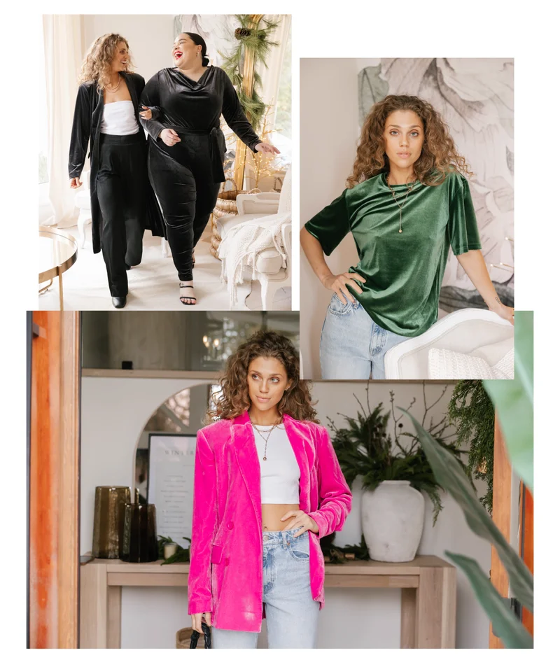 collage of women wearing black, green and pink velvet holiday outfits