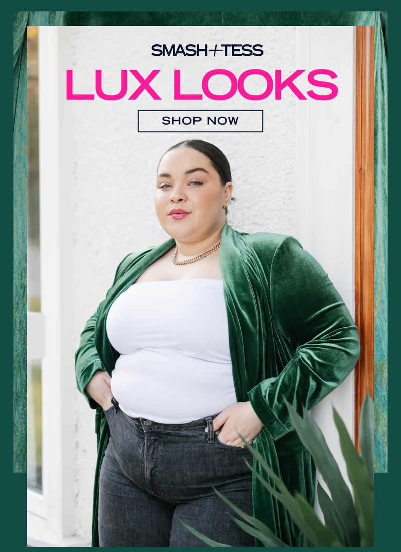 brunette wearing green velvet duster with caption 'lux looks'
