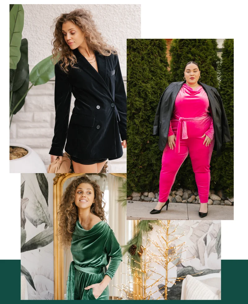 collage of women wearing black, green and pink velvet holiday outfits