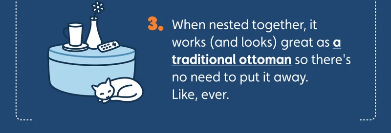 When nested together, it works (and looks) great as a traditional ottoman so there's no need to put it away. Like, ever.