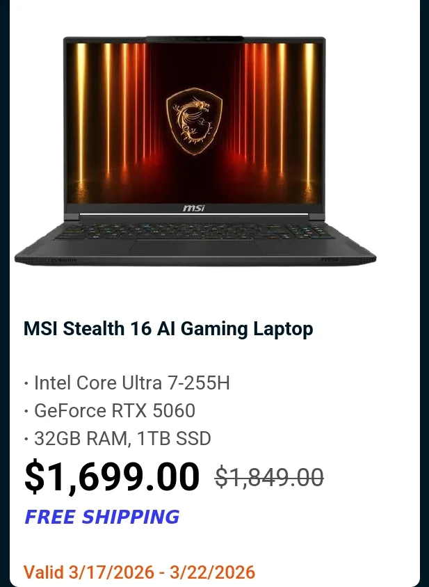 MSI Stealth 16 AI Gaming Laptop