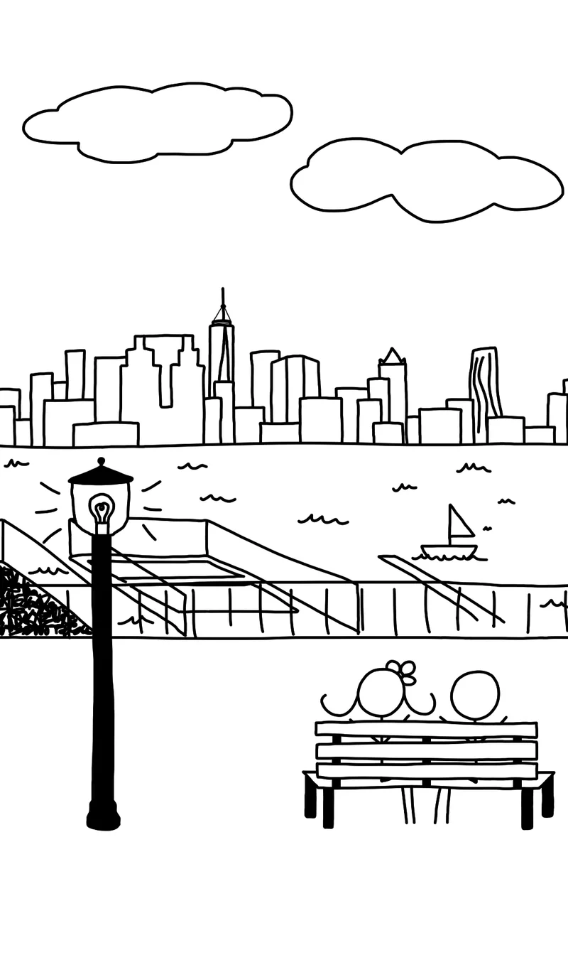 An illustration of two people sitting on a park bench looking at the NYC skyline