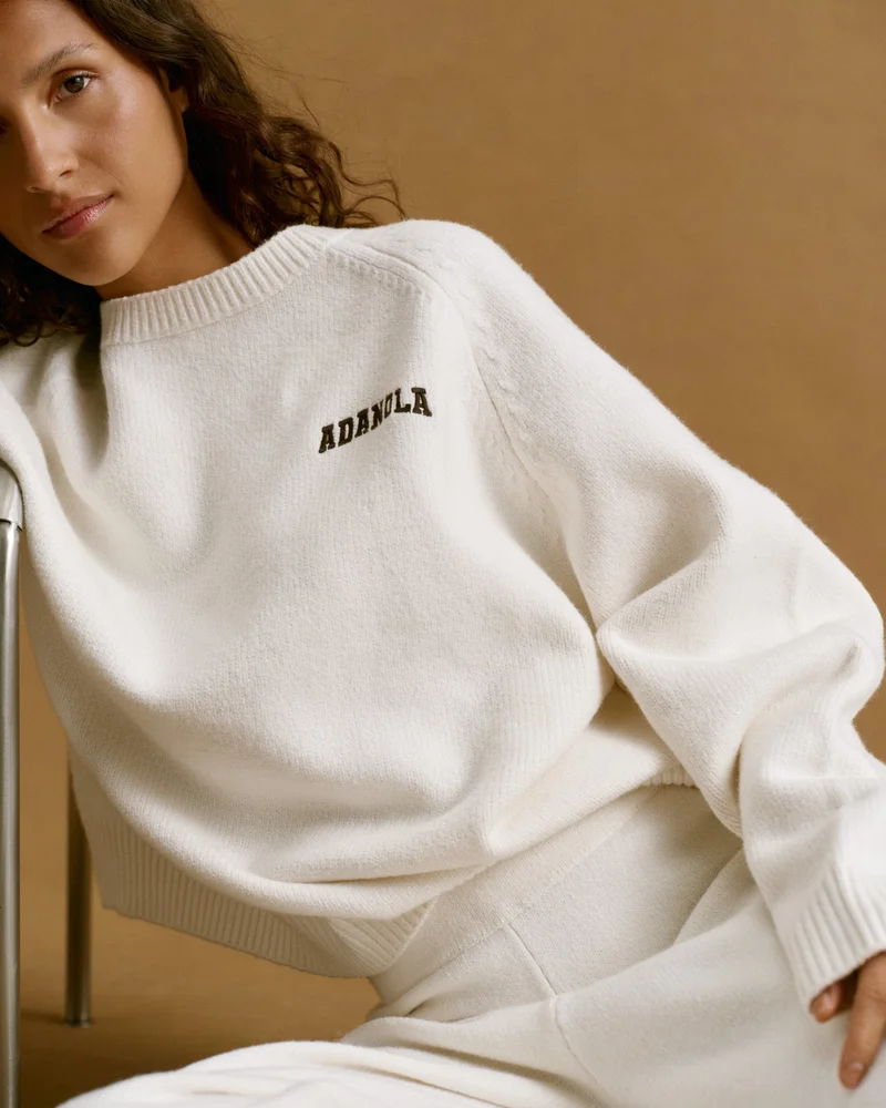 Image of Chest Varsity Oversized Knit Sweatshirt - Cream/Coffee Bean