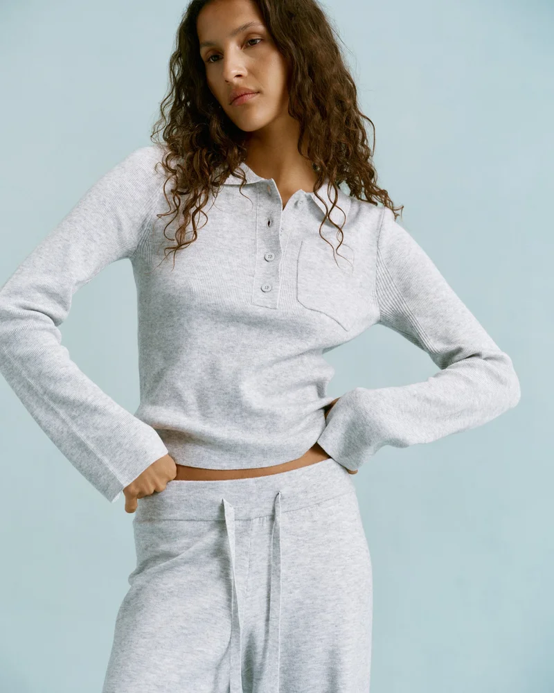 Image of Knit Long Sleeve Button Up Top - Light Grey Melange