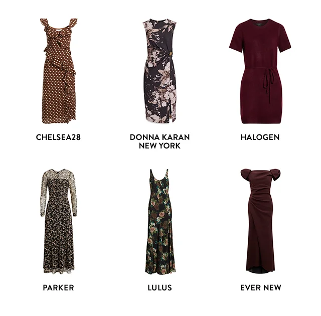 A dotted ruffle dress, sweater dress, floral maxi dress, two floral midi dresses and an off-the-shoulder gown.