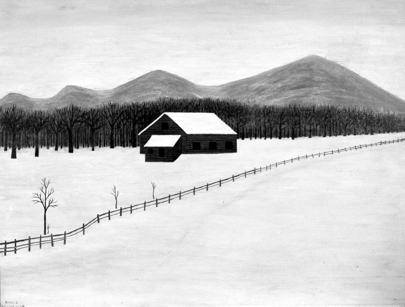 A black-and-white painting of a house in the snow
