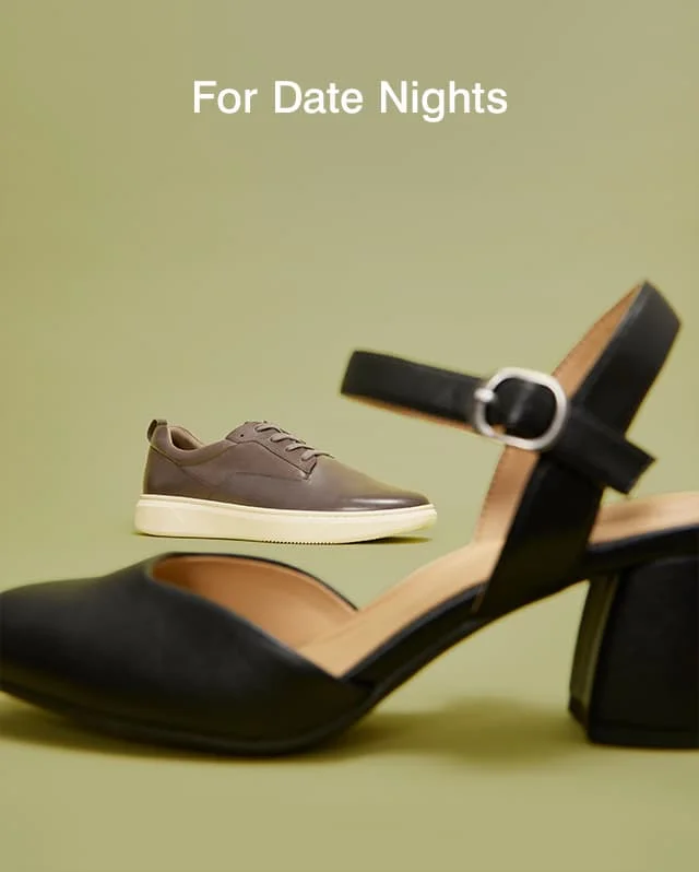 The Melle Pump in Black leather in the foreground and the Abe Sneaker in Grey leather in the background.