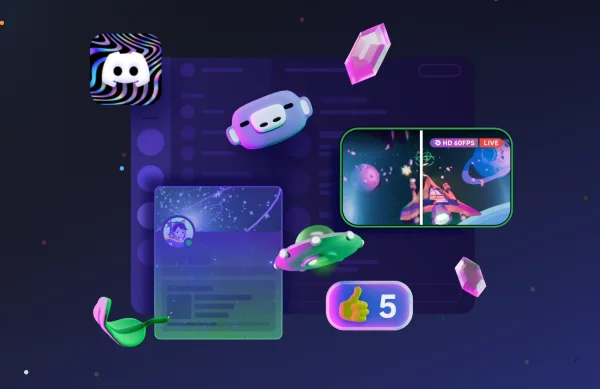 An image of Discord symbols and a video game on a smartphone floating around.
