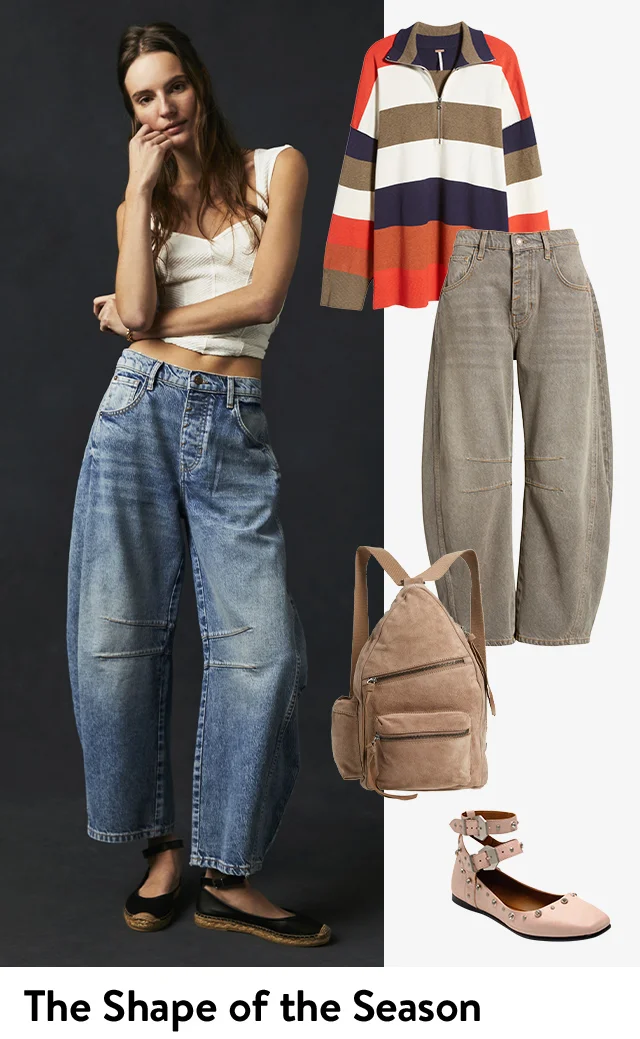 A woman wearing a white top with barrel-leg jeans. Items to wear with the jeans including a striped top, tan backpack and pink ballet flat.