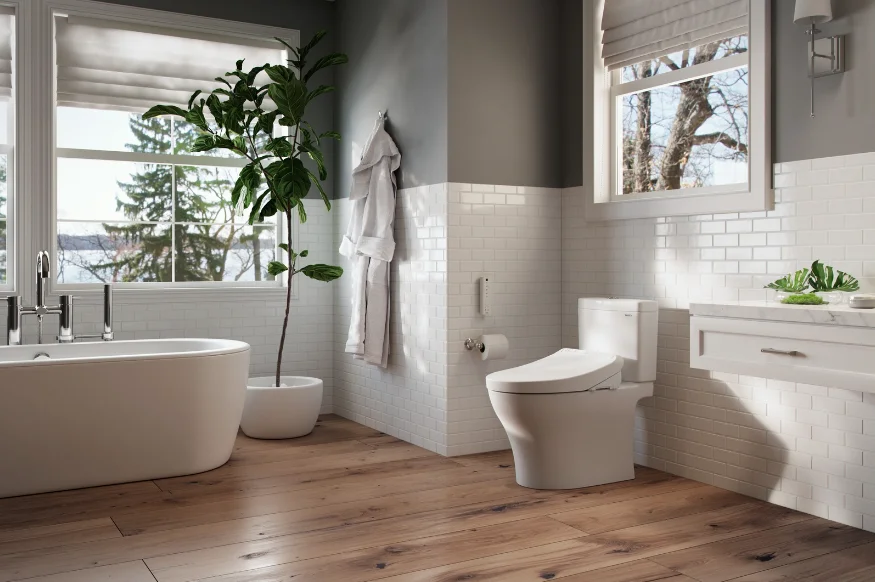 A sunlit modern bathroom featuring a K300 WASHLET bidet seat