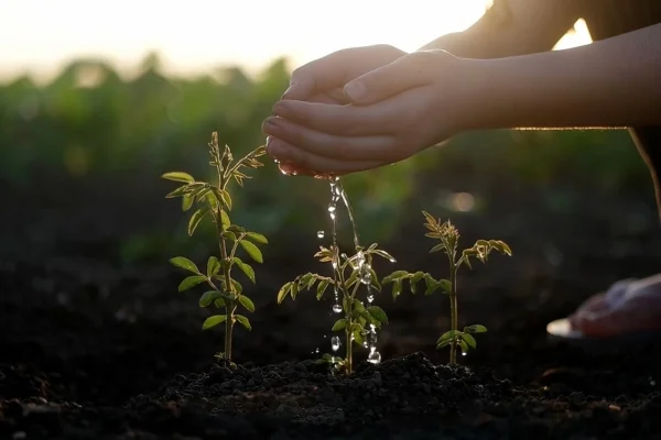 Someone cups water in their hands as it trickles out with droplets falling onto a growing plant