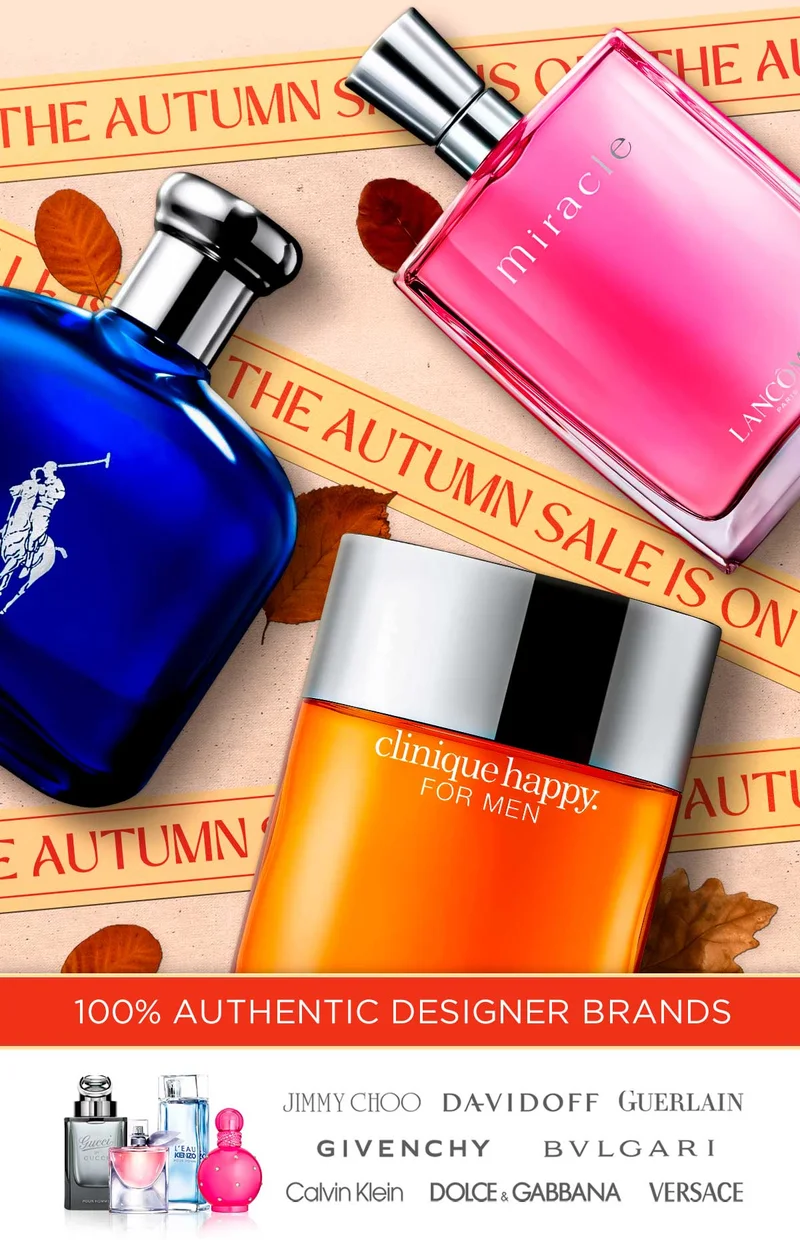 Popular perfume and cologne is displayed on an autumn background during fall savings event