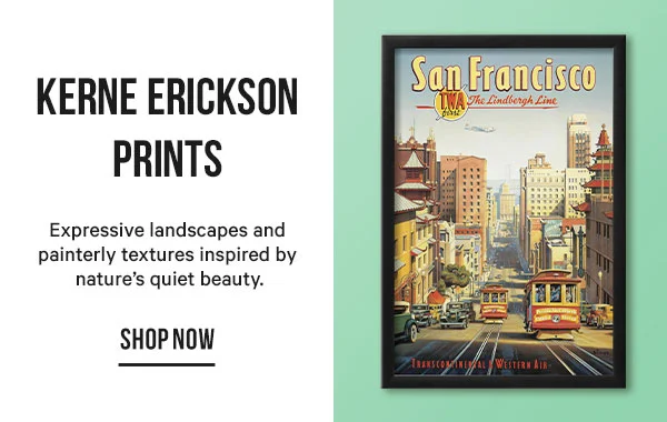 Kerne Erickson Prints: Expressive landscapes and painterly textures inspired by nature’s quiet beauty.