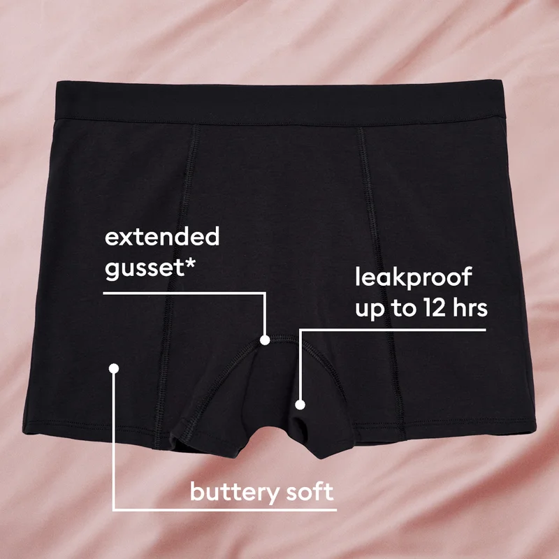 buttery soft, leakproof up to 12 hrs, extended gusset*