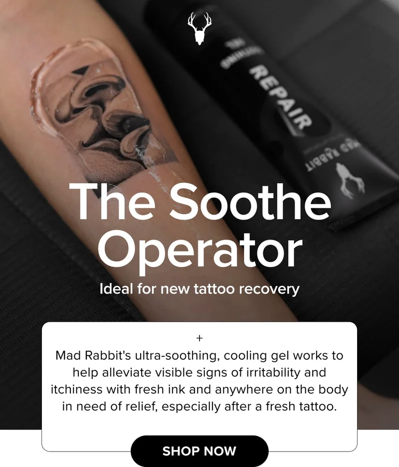 The Soothe Operator | Ideal for new tattoo recovery + Mad Rabbit's ultra-soothing, cooling gel works to help alleviate visible signs of irritability and itchiness with fresh ink and anywhere on the body in need of relief, especially after a fresh tattoo. | SHOP NOW