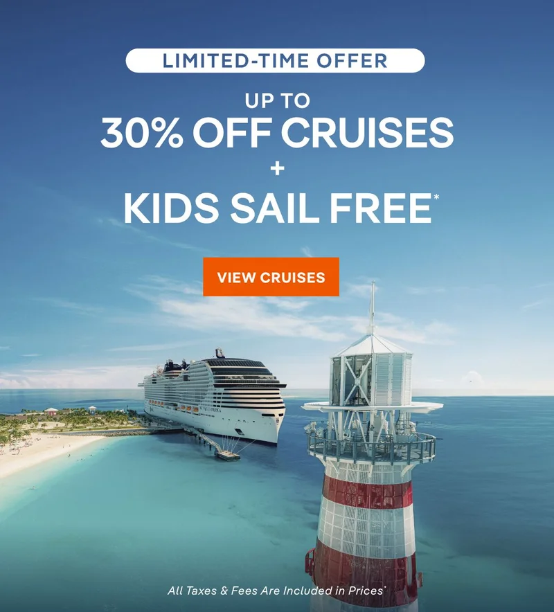 Up&nbsp;to 30%&nbsp;Off Cruises + Kids Sail Free* – Limited Time Offer – Click to View Cruises & Book Now – All Taxes & Fees Are Included in Prices* (Pictured: Couple on MSC&nbsp;World America