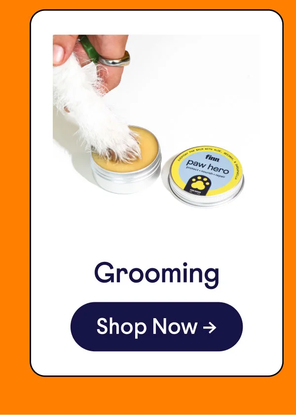 Image of a dog's paw stepping into a Paw Hero balm. Header reads "Grooming". Button reads "Shop Now"