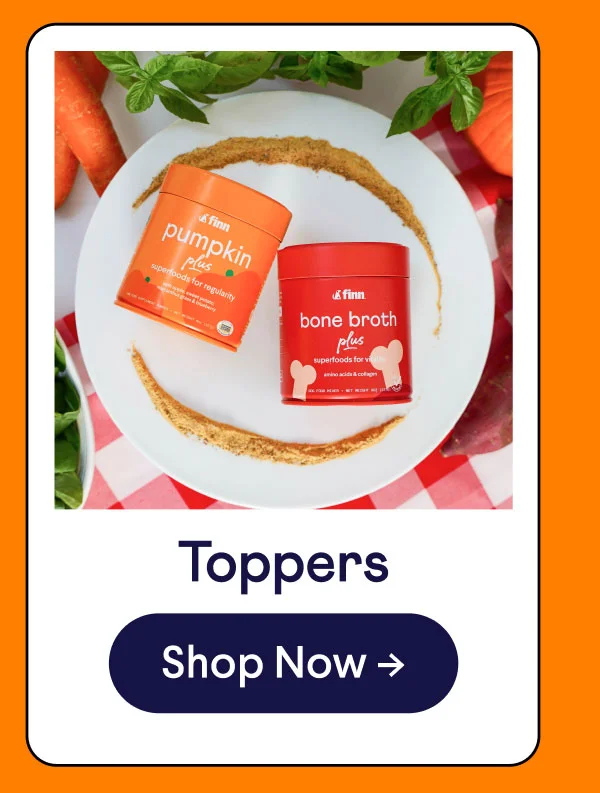 Overhead shot of Pumpkin Plus and Bone Broth Plus tins laying on a plate with powder stylized around them. The background is a checkered red table cloth and produce.. Header reads "Toppers". Button reads "Shop Now"