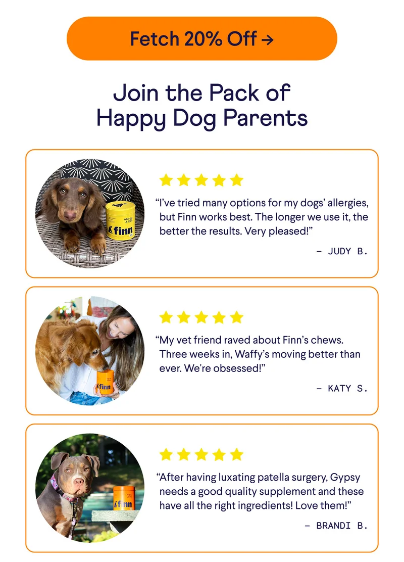 Button reads: Fetch 20% Off. Join the pack of happy dog parents. UGC of dachshund with product and review that reads: "I've tried many options for my dogs' allergies, but Finn works best. The longer we use it, the better the results. Very pleased!" – Judy B. UGC with woman, Golden Retriever, and product. Review reads: "My vet friend raved about Finn's chews. Three weeks in, Waffy's moving better than ever. We're obsessed." – Katy S. UGC of pittie with product. Review reads: "After having luxating patella surgery, Gypsy needs a good quality supplement and these have all the right ingredients. Love them!" –&nbsp;Brandi B.